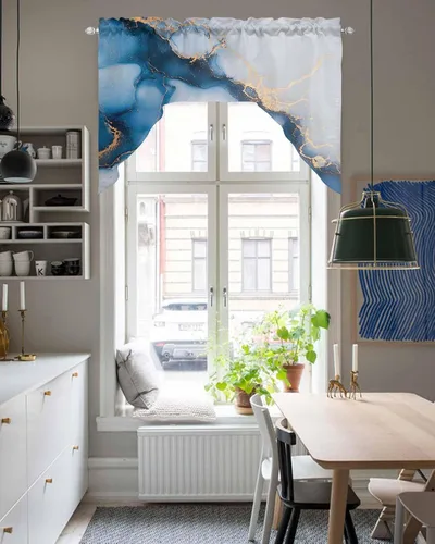 Vista 5 de Cortinas de cocina con cenefa de mármol azul y gris, cenefa con bolsillo para barra, paneles de cortina para dormitorio, sala de estar, baño