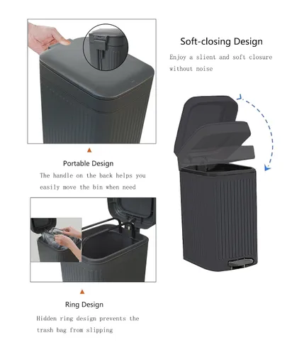 Vista 2 de Feisco Cubo de basura pequeño con tapa, cubo de basura pequeño para baño con pedal y tapa tipo prensa, cubo de basura delgado para cocina, baño, Gris