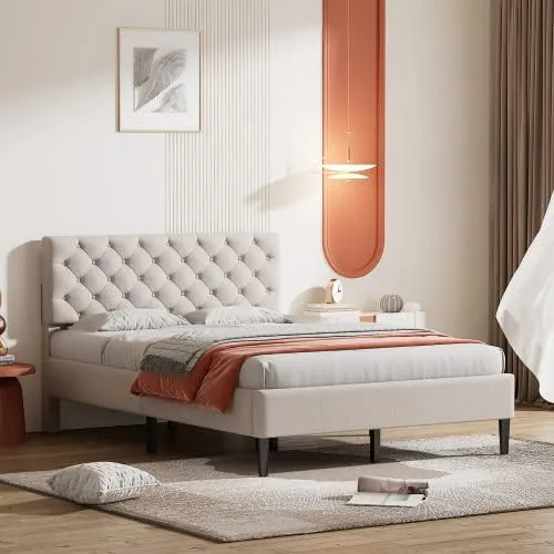 Vista 12 de Marco de cama de plataforma de tamaño individual, marco de cama tapizado de lino de diseño moderno con cabecera copetuda, cama de almacenamiento