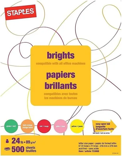Vista 2 de Staples Brights - Papel multiusos de 8.5 x 11 pulgadas, hojas de colores surtidos de 24 libras, 500 resmas