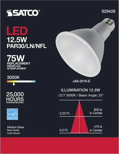 Vista 6 de Satco Bombilla reflectora LED de cuello largo PAR30 de 12,5 W, 120 voltios, 3000 K, 1000 lúmenes, 25 grados, ángulo de haz E26, base media