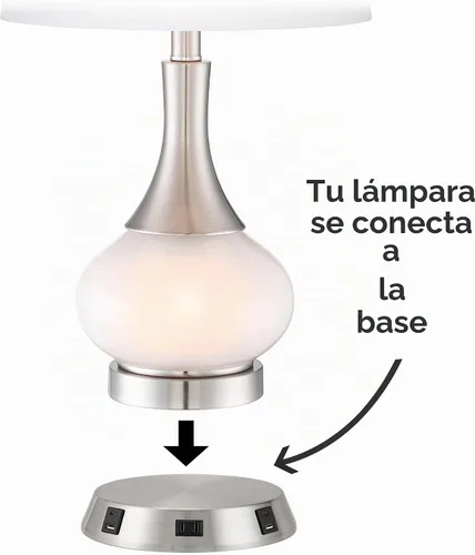 Vista 2 de Base de lámpara de mesa moderna con puertos de carga USB A+C y toma de corriente de CA, sensor táctil de encendido y apagado universal de níquel