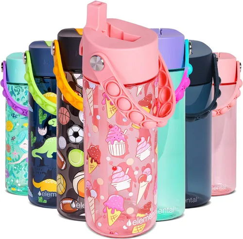 Vista 48 de Elemental Botellas de agua para niños – Botella de agua para niños Splash para la escuela con mango Pop-it – Botella de agua de plástico Tritan sin