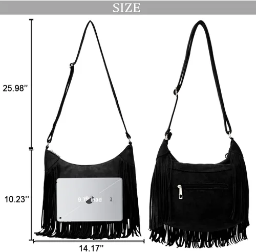 Vista 4 de Sunwel Fashion Bolso hobo con flecos para mujer, bolso de hombro estilo occidental, de ante vegano, con borlas, hippie, bandolera