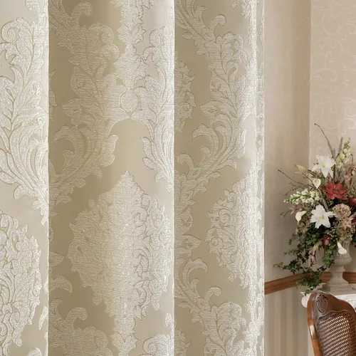 Vista 4 de Loom and Mill - Cortinas de lujo de jacquard para dormitorio, cortinas de damasco beige de 2 paneles con alzapaños, elegante cortina de ventana