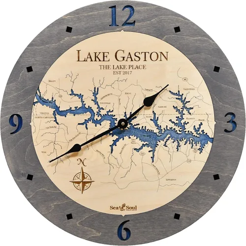 Vista 8 de Sea & Soul Lake Gaston Reloj náutico con mapa de madera 3D, reloj de profundidad de agua tallada en arte del lago, reloj de pared único, decoración