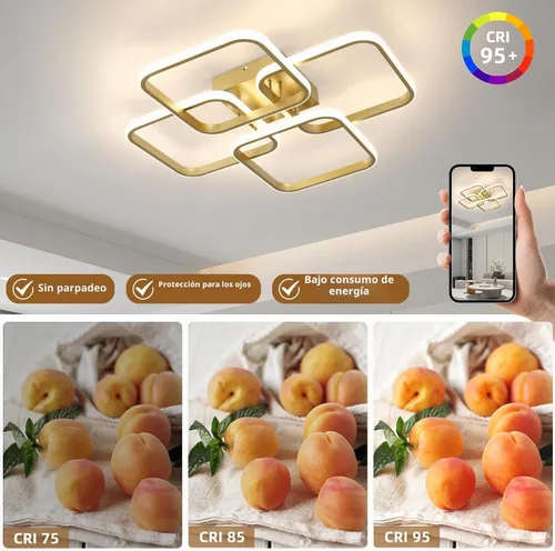 Vista 3 de CANEOE Lámpara de techo LED dorada moderna de 4 cuadrados, regulable, control remoto, montaje empotrado cuadrado, iluminación interior para Dorado