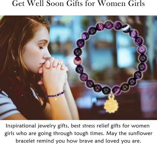 Vista 2 de LINY Get Well Soon Gifts - Pulsera de amatista con cuentas naturales con girasol, Life is Tough But So Are You alentador regalos para mujeres y niñas