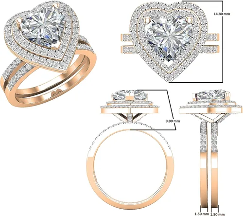 Vista 24 de Dazzlingrock Collection Juego de anillos de compromiso de doble halo con diamantes naturales redondos y piedras preciosas creadas en laboratorio