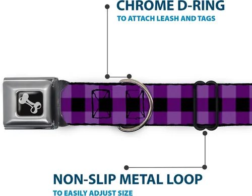Vista 5 de Buckle-Down Collar de perro con hebilla de cinturón de seguridad, diseño a cuadros de búfalo, color negro/morado, 1 pulgada de ancho, se adapta a