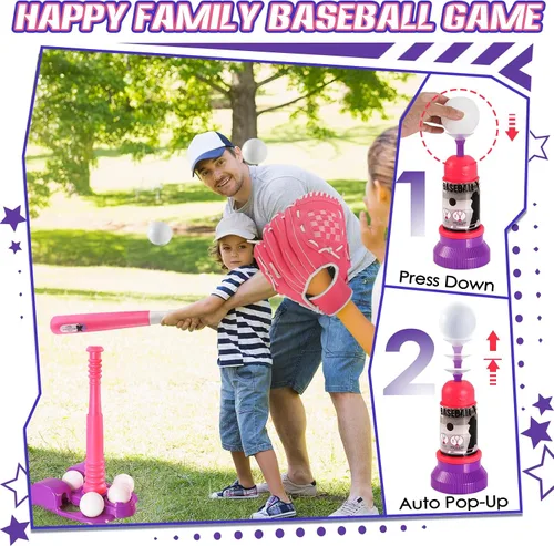 Vista 4 de Juego de pelota para niños, juegos de bolas en T rosa para niños pequeños de 1 a 3 años, juguetes de béisbol con 6 bolas/guante/máquina