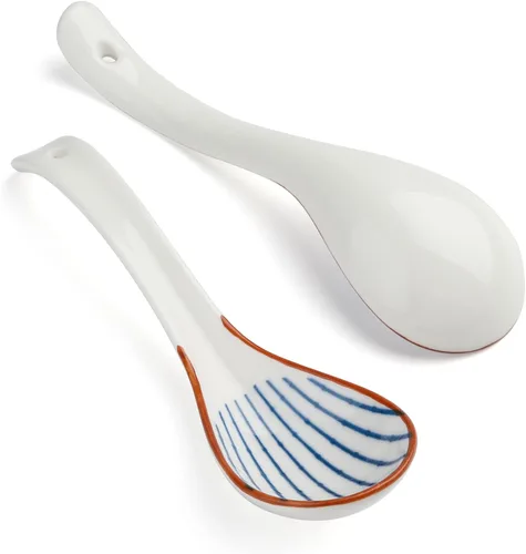 Vista 4 de Juego de 4 cucharas de sopa chinas, cucharas coreanas de porcelana para albóndigas de cereales de fideos Pho