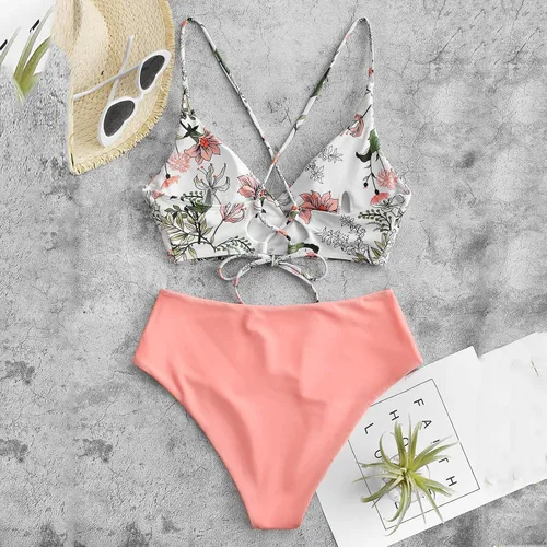 Vista 3 de SNKSDGM Bikini de cintura baja para mujer, 2 piezas, control de abdomen, parte inferior cruzada frontal, traje de baño