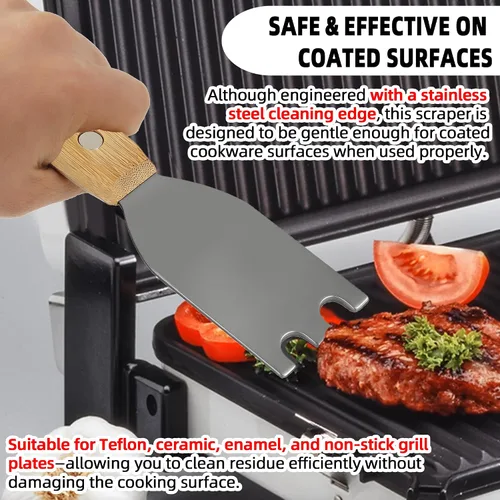 Vista 5 de TonGass Rascador de parrilla de bambú con cabeza de acero inoxidable compatible con George Foreman 1925B01B Espátula de parrilla para George Foreman