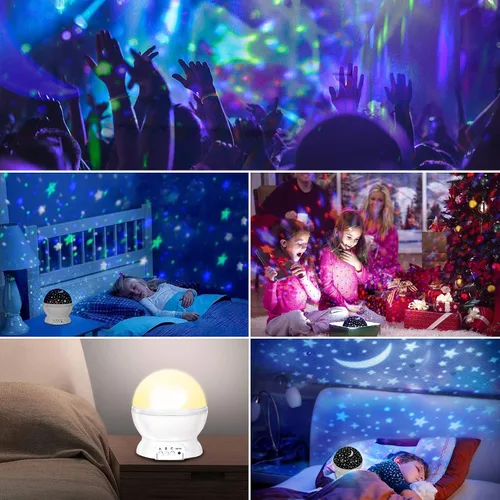 Vista 3 de Luz nocturna para niños, luces nocturnas LED, proyector de estrellas giratorio de 360 grados, 4 LED, 8 colores cambiantes con cable USB, lo mejor