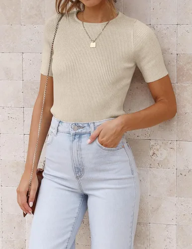 Vista 2 de ZESICA Camiseta de manga corta con cuello redondo y punto acanalado para mujer, ajustada, camiseta básica de verano 2023 de color sólido