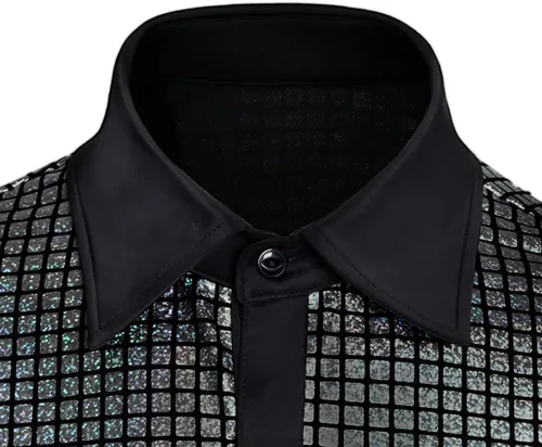 Vista 4 de Camisa de discoteca de los años 70 con lentejuelas de manga corta con botones, brillante disfraz de fiesta de graduación