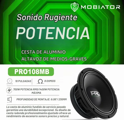 Vista 2 de PRO108MB - Altavoz – Cesta de aluminio de bajo medio de 10 pulgadas, 1600 W máximo, 400 W RMS, 8 ohmios – Altavoces de puerta de audio de alta