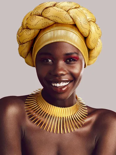 Vista 5 de Yinkin Juego de joyas africanas para mujer, para fiestas, doradas, collares, baberos, turbante africano, para fiestas temáticas