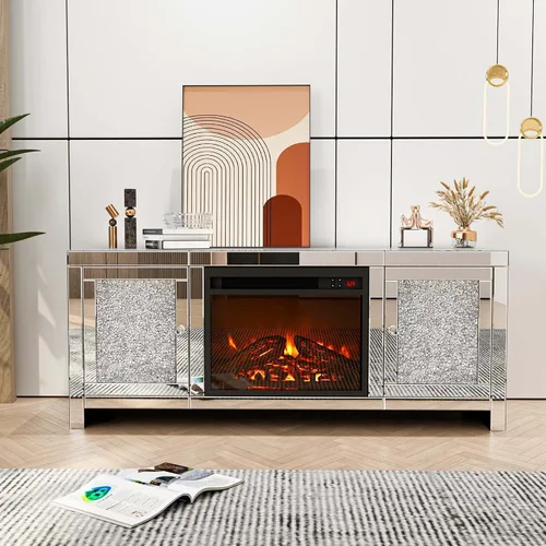 Vista 7 de IKIFLY Soporte de TV con chimenea con espejo, centro de entretenimiento