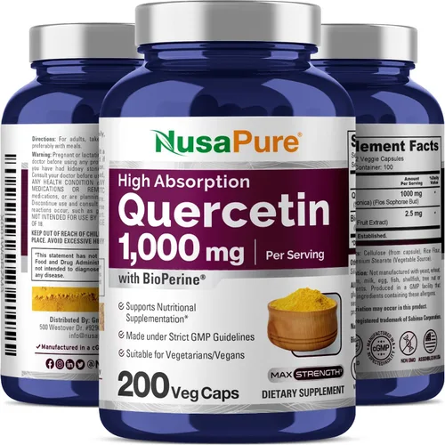 Vista 5 de NusaPure Quercetina, sin OMG, vegano, 1000 mg, 200 cápsulas vegetales - 100 porciones Plant Based Formula with Sophora Japonica & BioPerine