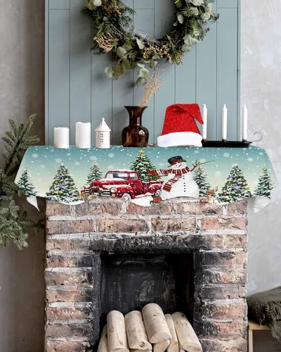 Vista 4 de Daleng Bufanda de repisa de camión de Navidad con muñeco de nieve para chimenea, 60 x 17 pulgadas, árbol de Navidad, copos de nieve, ciervos, verde