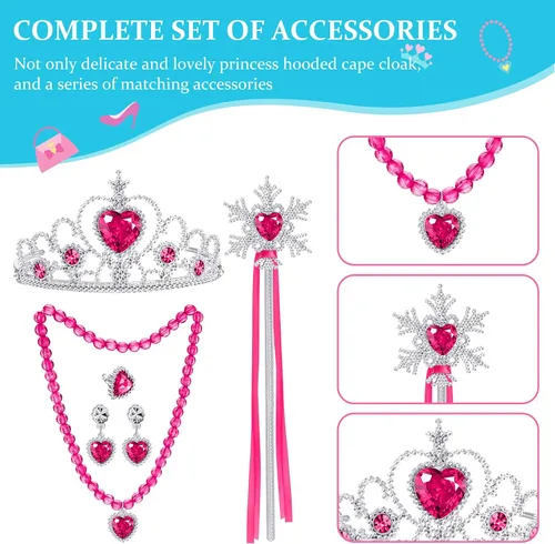 Vista 2 de Skylety Juego de 7 piezas de disfraz de princesa con capucha para niñas pequeñas, cosplay, fiesta, cumpleaños