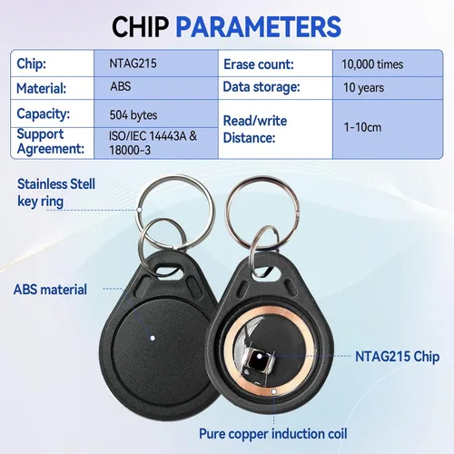 Vista 2 de Ntag215 NFC Fob, llavero NFC 215 regrabable negro programable NFC Tag 504 bytes memoria NFC tarjeta de visita compatible con teléfono móvil