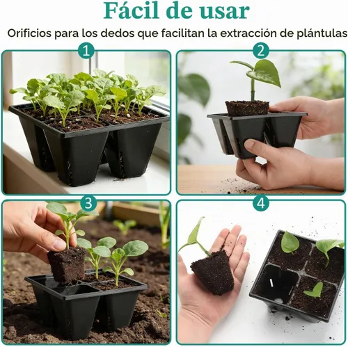 Vista 5 de RooTrimmer Paquete de 40 bandejas reutilizables de 4 celdas para plantas de semillero, bandejas profundas de células grandes con agujeros de drenaje