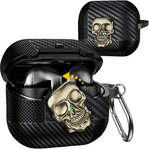 Vista 20 de Funda para AirPods Pro de 2ª generación, calavera con cerradura y llavero para hombres, divertida fibra de carbono de cuerpo completo, a prueba