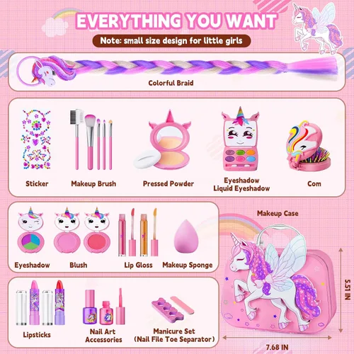 Vista 5 de Beayuck Kit de maquillaje infantil para niñas, kit de maquillaje para niñas, juego de cosméticos lavables reales con estuche de almacenamiento Rosa