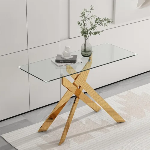 Vista 9 de Mesa de centro rectangular moderna de cristal, mesa central de vidrio templado y patas de metal chapado en oro para sala de estar, oficina en casa
