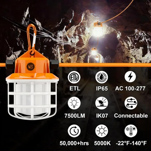Vista 2 de NS Luces de Cadena de Construcción LED de Grado Industrial de 50 Pies Super Brillantes 5000K IP65 Enlazables para Sitios de Construcción, Trabajo