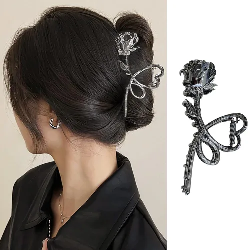 Vista 10 de Pinzas de metal grandes para el cabello con diseño de lazo negro y perlas blancas, pinzas antideslizantes para mujeres y niñas, agarre fuerte