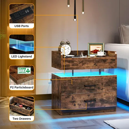 Vista 6 de TC-HOMENY Mesita de noche flotante de acrílico con modo activado por voz, mesita de noche LED con estación de carga, mesa auxiliar con 2 cajones