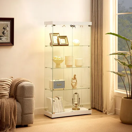 Vista 8 de Vitrina de cristal con luces LED y cerradura, vitrina Curio de 4 niveles con puerta de cristal, estantería de pie para sala de estar, dormitorio