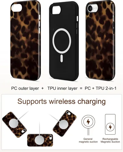 Vista 4 de Jusy Funda compatible con MagSafe con estampado de caparazón de tortuga marrón para iPhone 7/8/SE, cubierta protectora de TPU suave magnética