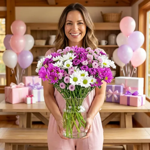 Vista 5 de Benchmark Bouquets - Margaritas moradas - Flores frescas para el parto - Flores del Día de la Madre para mamá - Regalos del día de la madre