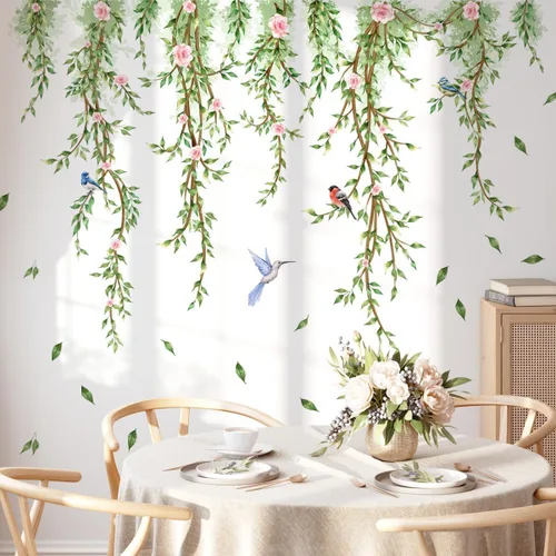 Vista 8 de Runtoo Calcomanías de pared de hojas de vid de eucalipto, plantas verdes, calcomanías de pared para sala de estar, dormitorio, guardería, decoración