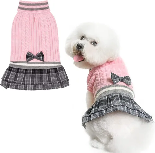 Vista 7 de PAWCHIE Vestido de suéter para perro con corbatín - Suéter de punto con cuello alto para perros pequeños, para niñas, para clima frío, con orificio
