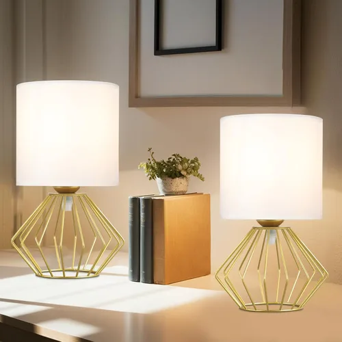 Vista 9 de Juego de 2 lámparas de mesa Hamilyeah, lámparas de mesita modernas con pantalla de tela blanca, lámparas de pie industriales con interruptor