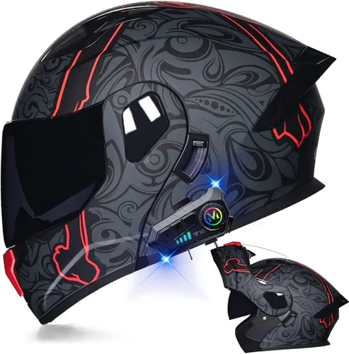 Vista 17 de Casco modular Bluetooth para motocicleta, aprobado por DOT, de cara completa, abatible, antivaho, doble visera, casco de motocicleta de calle, LENTE