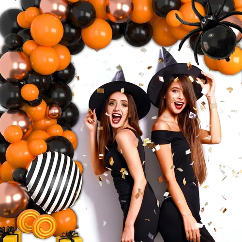 Vista 4 de Kit de arco de globos de Halloween, globos de Halloween 2024, guirnalda de globos de color naranja, oro rosa, negro, con araña, murciélago