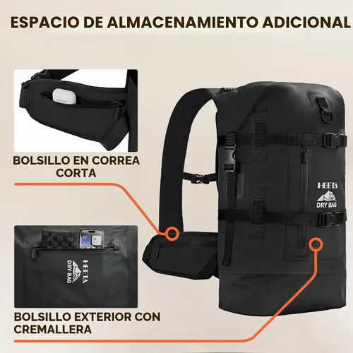Vista 5 de HEETA - Bolsas secas impermeables para hombres y mujeres, mochila de 40 L, con parte superior enrollable, mochila de senderismo resistente para Negro
