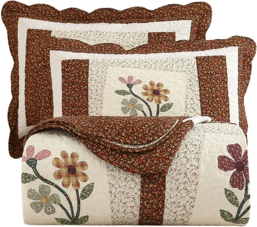 Vista 10 de vctops Juego de edredón acolchado de algodón navideño de 3 piezas (pájaros, Queen extragrande) Juego de ropa de cama de retazos con diseño