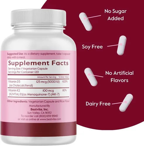 Vista 3 de BESTVITE Vitamina D3 vegana 5000 UI + vitamina K2 100 mcg como MK-7 (120 cápsulas vegetarianas) – Sin estearatos – Vegano – Sin OMG – Sin gluten