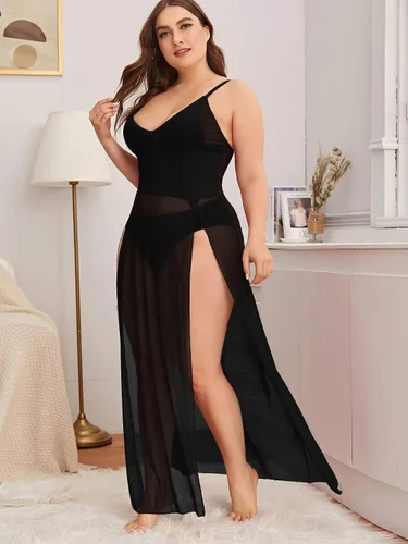 Vista 3 de SOLY HUX Vestido de lencería de malla larga dividida para mujer talla grande babydoll Negro