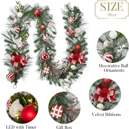 Vista 6 de Valery Madelyn - Guirnalda de Navidad preiluminada de 2,7 m con luces para repisa, guirnalda iluminada para exteriores de Navidad con bolas y lazos