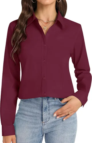 Vista 7 de Camisas con botones J.VER para mujer con cuello elástico y manga larga de algodón, camisa de vestir casual de negocios para el trabajo