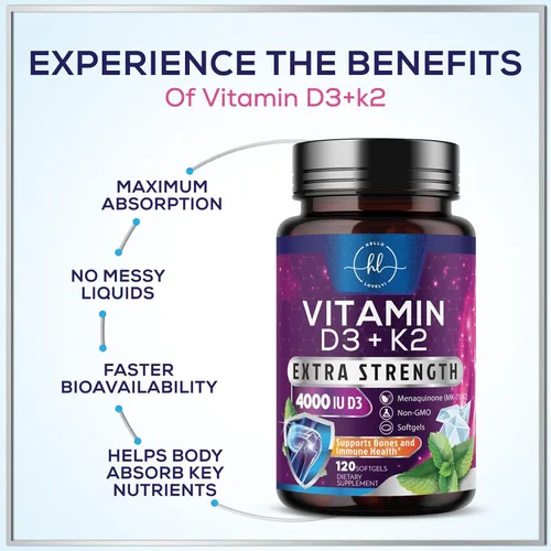 Vista 6 de Vitamina D con K2 (MK-7) – Vitamina D3 4000IU (125 mcg) por porción – Suplemento complejo D3K2 para huesos, dientes, músculos, absorción de calcio